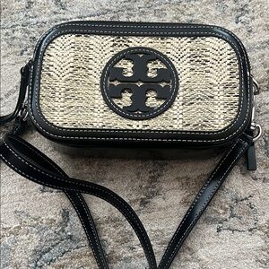 Tory Burch Woven raffia Black and Tan Crossbody Bag
